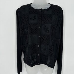 VTG Teddi Sz S Black Mesh Checkered Crochet Beaded Embroidered Floral‎ Cardigan